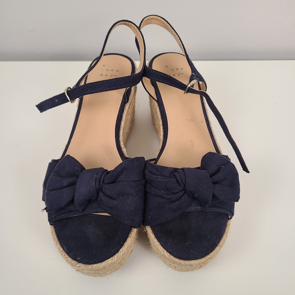 A New Day By Target Dark Navy Blue Bow Platform Woven Chunky Wedge Sandal Size 7